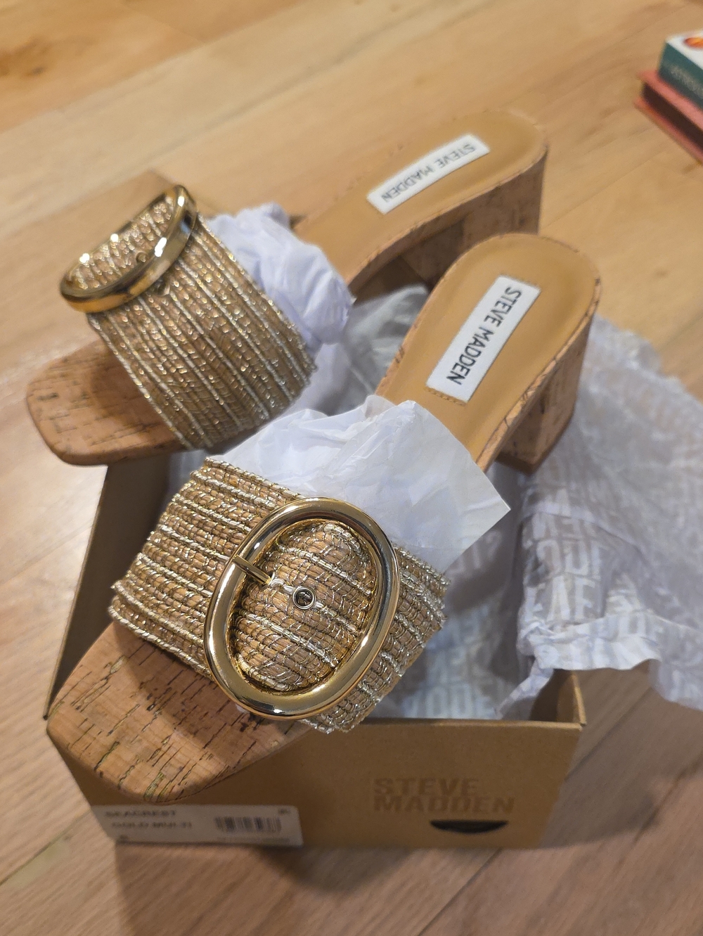 Steve Madden Gold Raffia Buckle Block Heel Mules